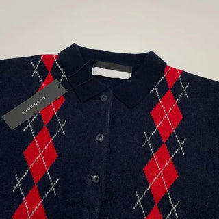 Lebon Two-tone Argyle Pattern Slim Fit Ribbed Collar Neck Cashmere Wool Knit Button Cardigan