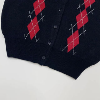 Lebon Two-tone Argyle Pattern Slim Fit Ribbed Collar Neck Cashmere Wool Knit Button Cardigan