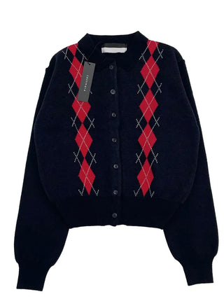 Lebon Two-tone Argyle Pattern Slim Fit Ribbed Collar Neck Cashmere Wool Knit Button Cardigan