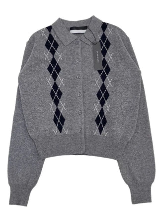 Lebon Two-tone Argyle Pattern Slim Fit Ribbed Collar Neck Cashmere Wool Knit Button Cardigan