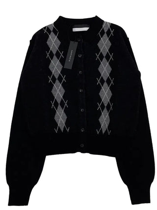Lebon Two-tone Argyle Pattern Slim Fit Ribbed Collar Neck Cashmere Wool Knit Button Cardigan