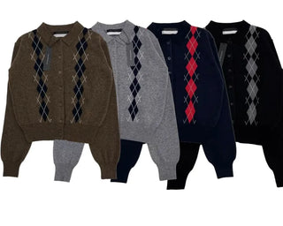 Lebon Two-tone Argyle Pattern Slim Fit Ribbed Collar Neck Cashmere Wool Knit Button Cardigan