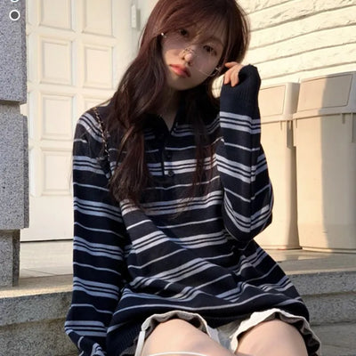 Ditto color block stripe loose fit collar neck long sleeve vintage knit