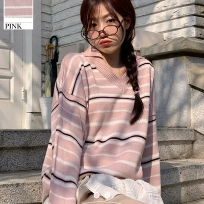 Dreamy, loose-fitting vintage color mix color stripe collar neck knit