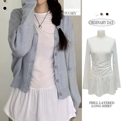 Unseen Loose Fit Frill Flare Long Sleeve Layered Round Neck Long T-shirt Mini One Piece