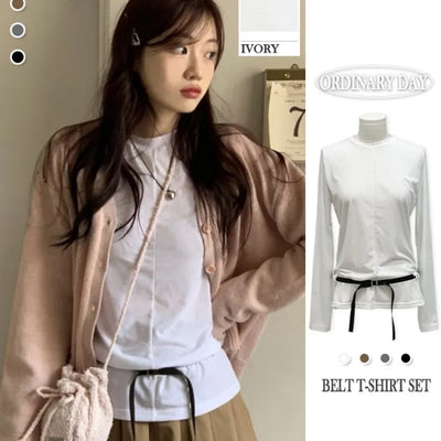 Urbane Slim Fit Cut-Out Round Neck Long Sleeve Belt Layered T-shirt