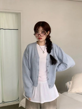 Jayin Alpaca Loose Fit V-Neck Button Wool Knit Cardigan