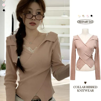 One-day hem team V-neck wrap golf collar neck knit