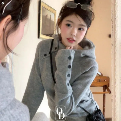 Yunoa High Neck Hooded Button Fleece Long Sleeve Knit T-Shirt