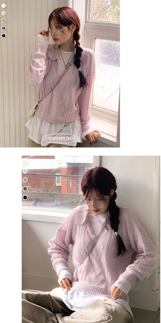 Hyphen hairy, loose-fitting collar neck, long-sleeved wool knit,