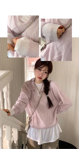 Hyphen hairy, loose-fitting collar neck, long-sleeved wool knit,