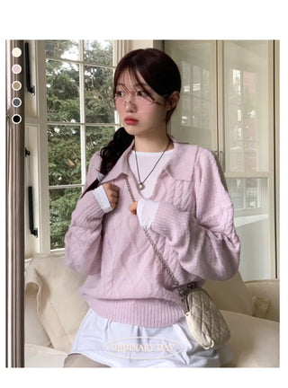 Hyphen hairy, loose-fitting collar neck, long-sleeved wool knit,