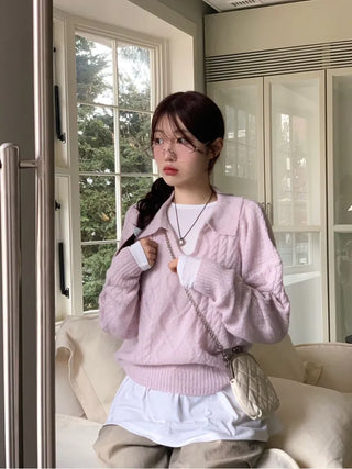 Hyphen hairy, loose-fitting collar neck, long-sleeved wool knit,