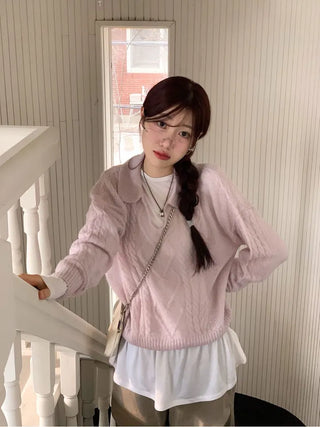 Hyphen hairy, loose-fitting collar neck, long-sleeved wool knit,
