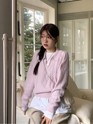 Hyphen hairy, loose-fitting collar neck, long-sleeved wool knit,
