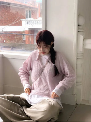 Hyphen hairy, loose-fitting collar neck, long-sleeved wool knit,