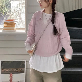 Hyphen hairy, loose-fitting collar neck, long-sleeved wool knit,
