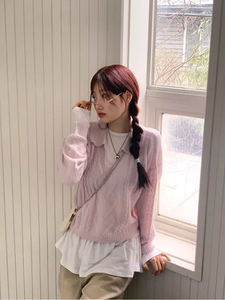 Hyphen hairy, loose-fitting collar neck, long-sleeved wool knit,