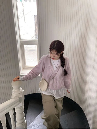 Hyphen hairy, loose-fitting collar neck, long-sleeved wool knit,