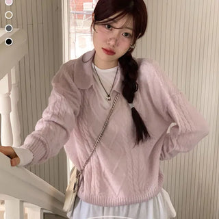 Hyphen hairy, loose-fitting collar neck, long-sleeved wool knit,