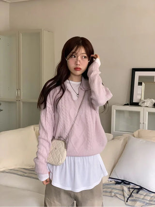 Hyphen hairy, loose-fitting collar neck, long-sleeved wool knit,