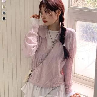 Hyphen hairy, loose-fitting collar neck, long-sleeved wool knit,