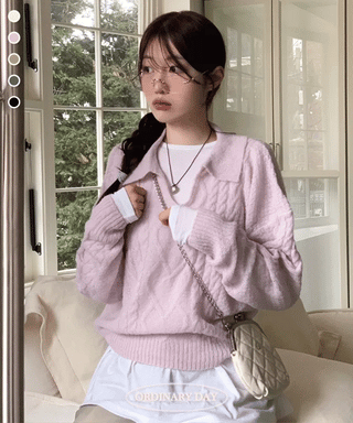 Hyphen hairy, loose-fitting collar neck, long-sleeved wool knit,