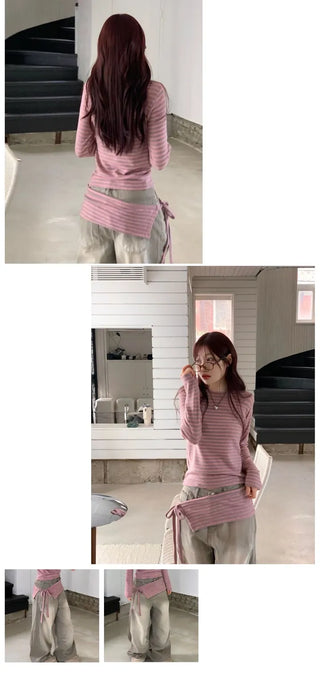 set of adjustable length striped knit t-shirt and layered ribbon wrap skirt