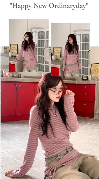 set of adjustable length striped knit t-shirt and layered ribbon wrap skirt