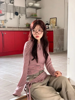 set of adjustable length striped knit t-shirt and layered ribbon wrap skirt