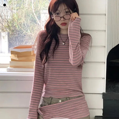 set of adjustable length striped knit t-shirt and layered ribbon wrap skirt