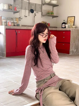 set of adjustable length striped knit t-shirt and layered ribbon wrap skirt
