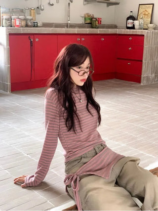 set of adjustable length striped knit t-shirt and layered ribbon wrap skirt
