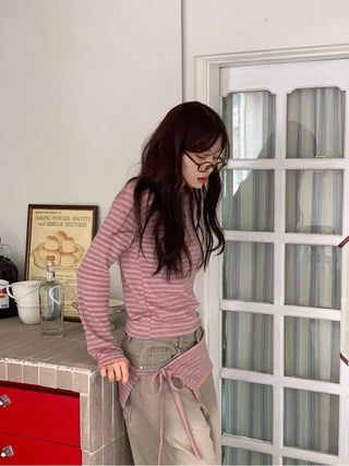 set of adjustable length striped knit t-shirt and layered ribbon wrap skirt
