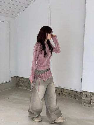 set of adjustable length striped knit t-shirt and layered ribbon wrap skirt