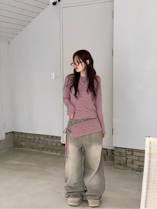 set of adjustable length striped knit t-shirt and layered ribbon wrap skirt