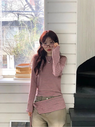 set of adjustable length striped knit t-shirt and layered ribbon wrap skirt