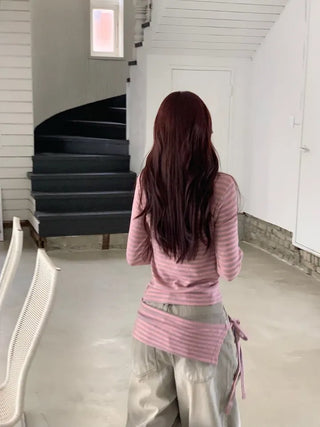 set of adjustable length striped knit t-shirt and layered ribbon wrap skirt
