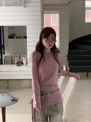 set of adjustable length striped knit t-shirt and layered ribbon wrap skirt