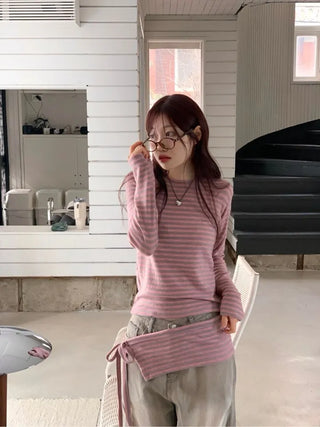 set of adjustable length striped knit t-shirt and layered ribbon wrap skirt