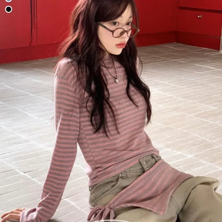 set of adjustable length striped knit t-shirt and layered ribbon wrap skirt