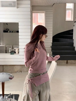 set of adjustable length striped knit t-shirt and layered ribbon wrap skirt