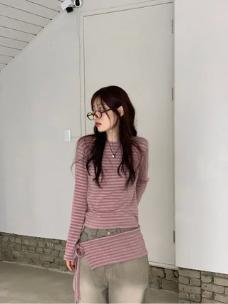 set of adjustable length striped knit t-shirt and layered ribbon wrap skirt