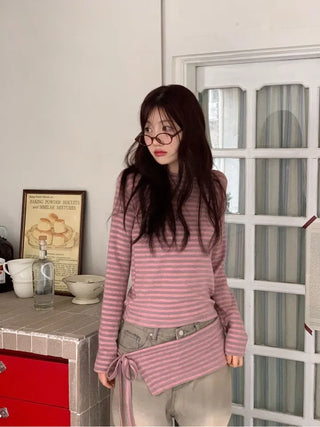 set of adjustable length striped knit t-shirt and layered ribbon wrap skirt
