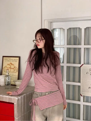 set of adjustable length striped knit t-shirt and layered ribbon wrap skirt
