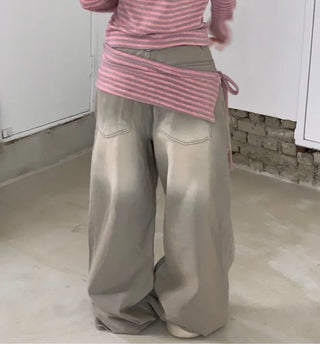 set of adjustable length striped knit t-shirt and layered ribbon wrap skirt