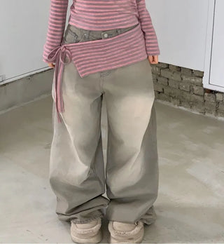 set of adjustable length striped knit t-shirt and layered ribbon wrap skirt