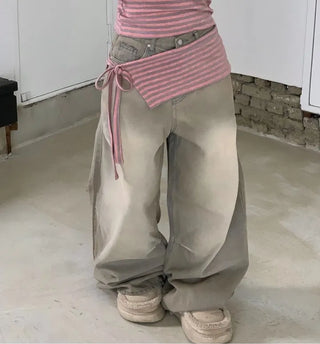 set of adjustable length striped knit t-shirt and layered ribbon wrap skirt