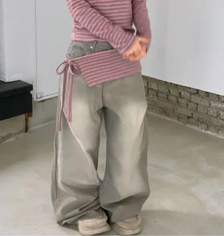 set of adjustable length striped knit t-shirt and layered ribbon wrap skirt