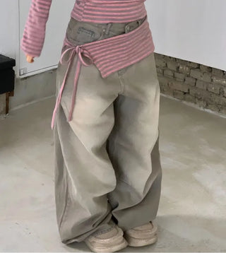 set of adjustable length striped knit t-shirt and layered ribbon wrap skirt